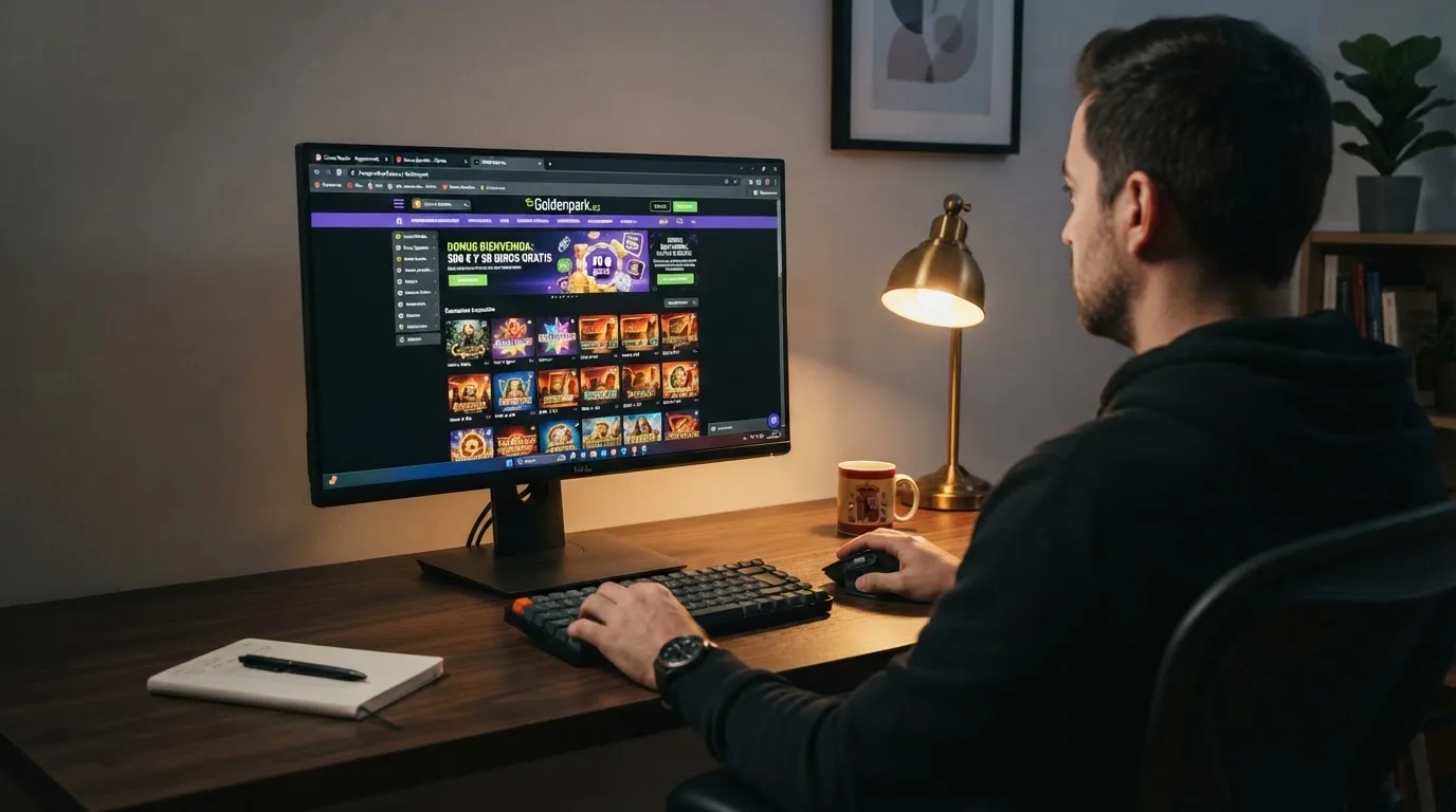 Un hombre compara varias páginas de casinos online abiertas en pestañas distintas del navegador de su ordenador.
