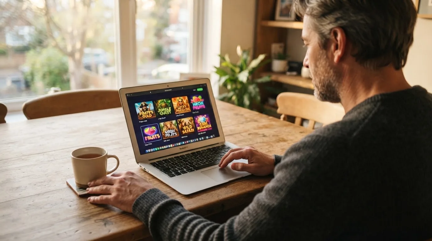 Un hombre revisa el catálogo de un casino online en su portátil sobre la mesa del salón durante la tarde.